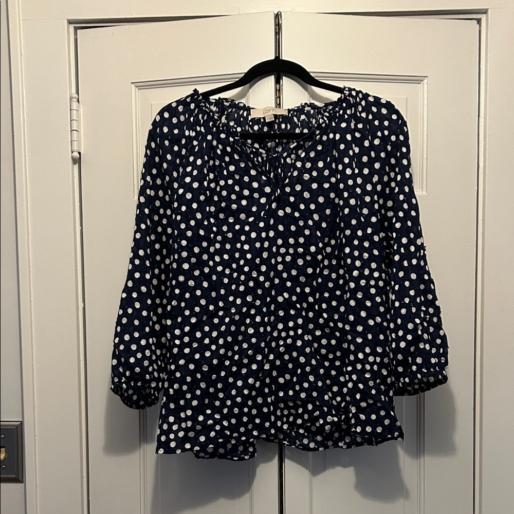 LOFT Navy and White Polka Dot Blouse